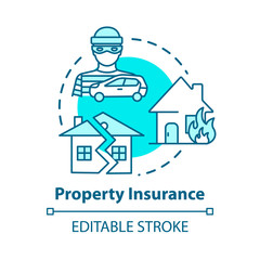 Property insurance concept icon. House robbery. Crime, theft. Earthquake damage. Real estate idea thin line illustration. Vector isolated outline RGB color drawing. Editable stroke