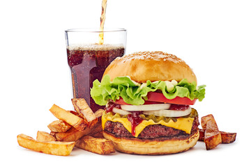 Hamburger, french fries and drink on white - obrazy, fototapety, plakaty