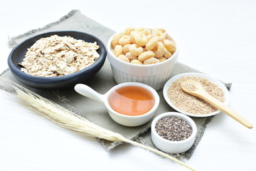 Oatmeal, Quinoa cereal accompanied by seeds and honey