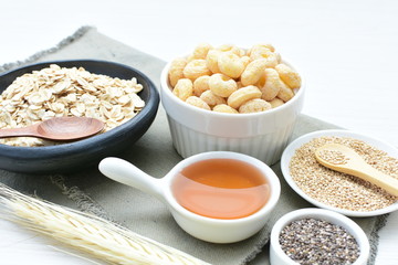 Oatmeal, Quinoa cereal accompanied by seeds and honey