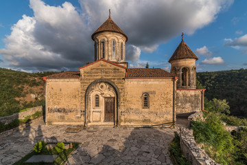 Motsameta monastery in mountains near Kutaisi in Georgia during sunset in summer