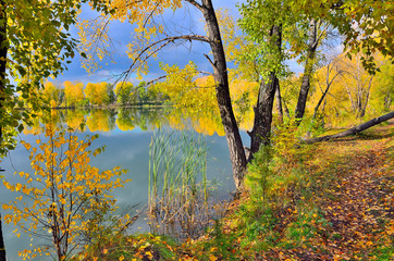 Colorful autumn landscape on the bank of lake - footpath on lakeside