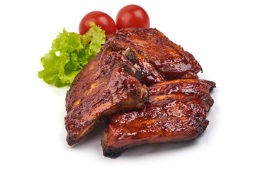 Roasted pork spare ribs in bbq sauce, spicy food, isolated on white background