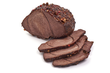 Spicy roast pork slices, isolated on white background
