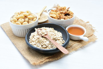 Oatmeal, Quinoa cereal accompanied by seeds and honey