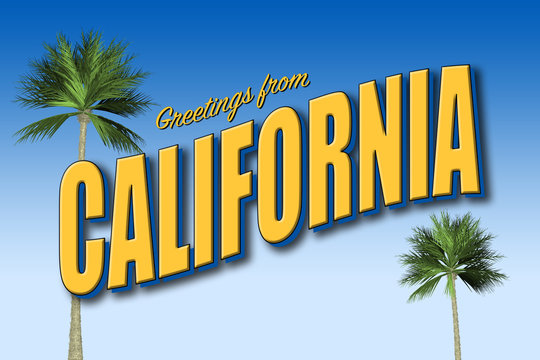 Greetings from California postcard in blue and gold