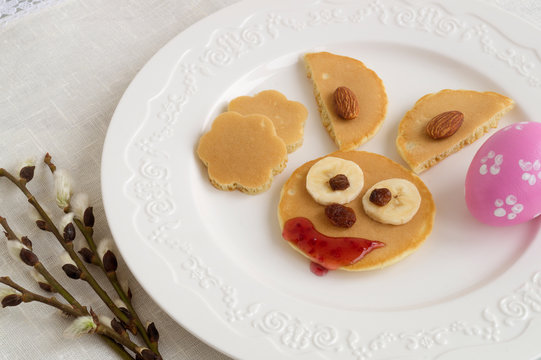 pancakes in the shape of bunnies and Easter eggs.