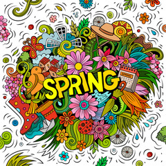 Spring hand drawn cartoon doodles illustration. Funny seasonal design.