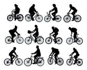 cyclists set of black silhouettes on a white background - obrazy, fototapety, plakaty