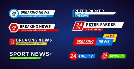 Fototapeta premium TV news third lower bar banner for broadcast sport. Set of tv bars video and text television template