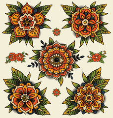 Traditional decorative tattoo flowers. Set of isolated vector illustrations. - 321326907