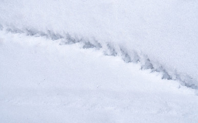 Mark of a trekking pole on the snow. hiking background