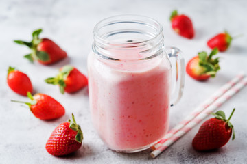 Strawberry banana smoothies in glass