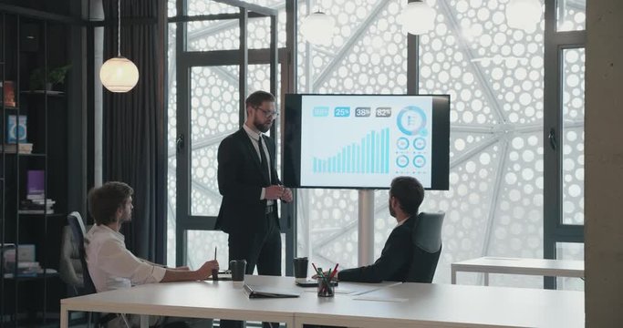 Businessman training Employees in their Personal Development, Good Teamwork. Showing ways how Develop Business Ideas. Using Monitor and Pointer. Confident business Partners.