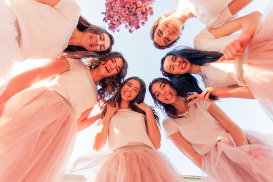 Group Of Bridesmaids Making Selfie At Sky Background