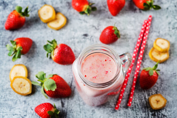 Strawberry banana smoothies in glass