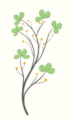 Blooming branch with green leaves and orange berries on a white background