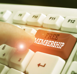 Writing note showing Free Membership. Business concept for get access to the creative community...