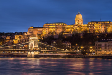 Chain bridge and Buda castle at dusk. Budapest,  Hungary