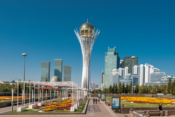 Nur-Sultan (Astana)/ Kazakhstan - 09.13.2017: City centre of Nur-Sultan (formerly Astana) with Bayterek tower - obrazy, fototapety, plakaty