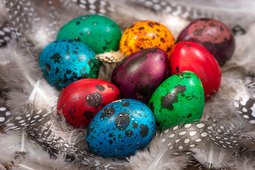 Happy Easter. Painted eggs of different colors on a wooden table