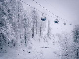 Winter Mountain landscape at the Rosa Khutor ski resort in Sochi, Russia. Cable car cabin over pine trees in the snow