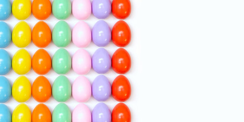 Top view of an Easter composition of painted eggs in bright juicy colors on a white background with a glossy texture that lie in even rows. Holiday concept, flat layout, background, advertisement