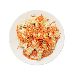 Spicy Chinese or Korean Yuba tofu bamboo and carrots salad on white background.