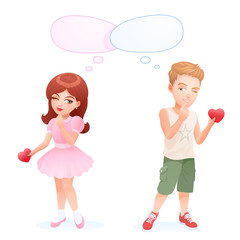 Origin of love. Romantic couple during Valentine's day. Cute vector characters. Girl and boy are a little shy, but are ready to present the Valentines each other. Teenagers date. Empty speech bubbles