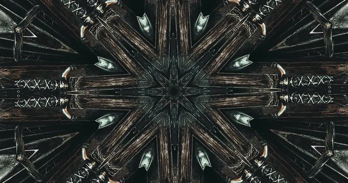 Fractal kaleidoscopic background. Dramatic background motion with fractal design. Military concept. Medieval war, swords and battles of knights and kingdoms.