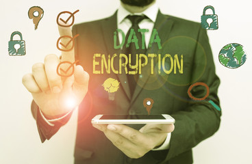 Text sign showing Data Encryption. Business photo text Conversion of data into code for compression...