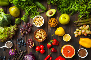 Fruits, vegetables and nuts laying mixed, without order