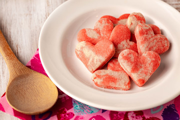 Obraz na płótnie Canvas Close Up Heart Shaped Baked Valentine Cookies