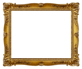 Rectangle Old gilded golden wooden frame isolated on white background with clipping path