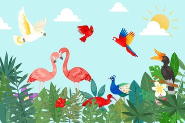 Tropical birds in exotic nature with palm and banana leaves on blue sky backdrop vector illustration. Tropical plants, flowers and birds flamingo, toucan, parrots. Hawaii summer nature poster.