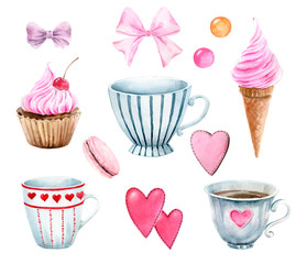 Cups,cakes,hearts and bow.Watercolor illustration for .invitations,greeting card and design isolated on white background.