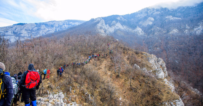  Group Of Mountaineers Trekking Winter Mountain Landscape Hiking Healthy Activity