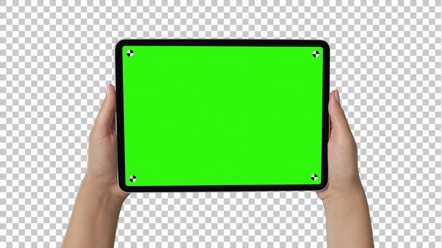 Holding Pro Tablet In Female Hands with alpha channel background and trackers for easy screen replacement.