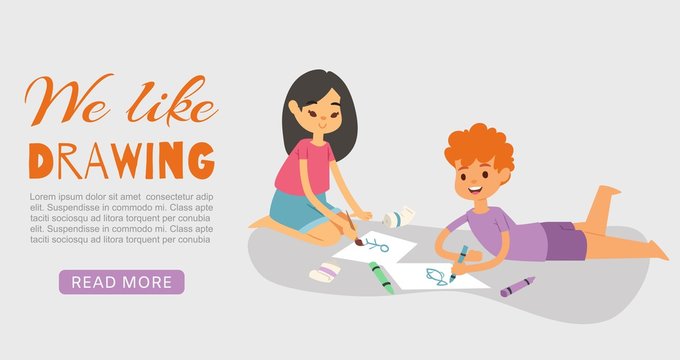 Happy smiling kids drawing, painting and coloring with crayons and brush vector web banner illustration. Boy lying and girl sitting on floor with drawing. Cartoon character kids like to draw pictures.
