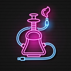 Neon Hookah Vector Logo, Icon, Symbol, Emblem, Sign. Decorative Graphic Design Element For Hookah, Bar. Illustration