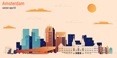 Naklejka premium Amsterdam city colorful paper cut style, vector stock illustration. Cityscape with all famous buildings. Skyline Amsterdam city composition for design.