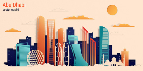 Abu Dhabi city colorful paper cut style, vector stock illustration. Cityscape with all famous buildings. Skyline Abu Dhabi city composition for design.