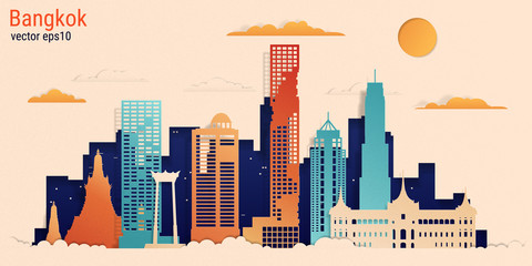 Naklejka premium Bangkok city colorful paper cut style, vector stock illustration. Cityscape with all famous buildings. Skyline Bangkok city composition for design.