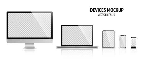 Foto op Plexiglas Realistic devices mockup set of Monitor, laptop, tablet, smartphone dark grey color - Stock Vector. © Comauthor