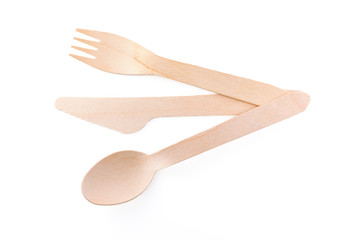 Eco-friendly materials. Wooden, disposable tableware on a white background.