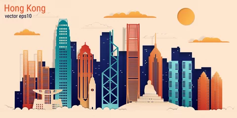 Foto op Plexiglas Hong Kong city colorful paper cut style, vector stock illustration. Cityscape with all famous buildings. Skyline Hong Kong city composition for design. © Anastasiia