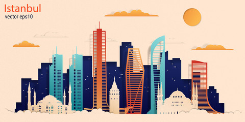 Naklejka premium Istanbul city colorful paper cut style, vector stock illustration. Cityscape with all famous buildings. Skyline Istanbul city composition for design.