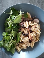 Pasta salad with forest mushrooms,  healthy food