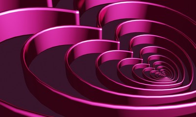 Realistic 3D render of layers of pink hearts starting small and gradually getting bigger against a dark pink background