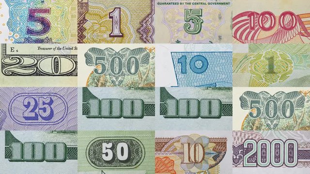 Super set of world Currency. Stop motion animation. Different all world money bill macro view. Digits face value close up. World currency paper cash money. Perfect cash collection.